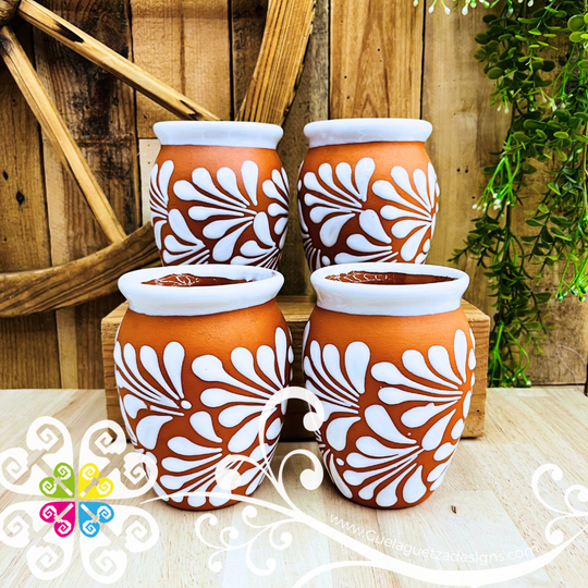 Set of Natural with White Espiga Plumeado Cantarito Cup - Set Clay Cantarito
