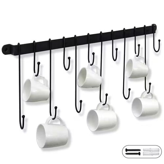 12-Hook Black Hanging Coffee Mug Wall Rack, 23 In. Wall Mounted Mug Hook Coffee Cup Holder