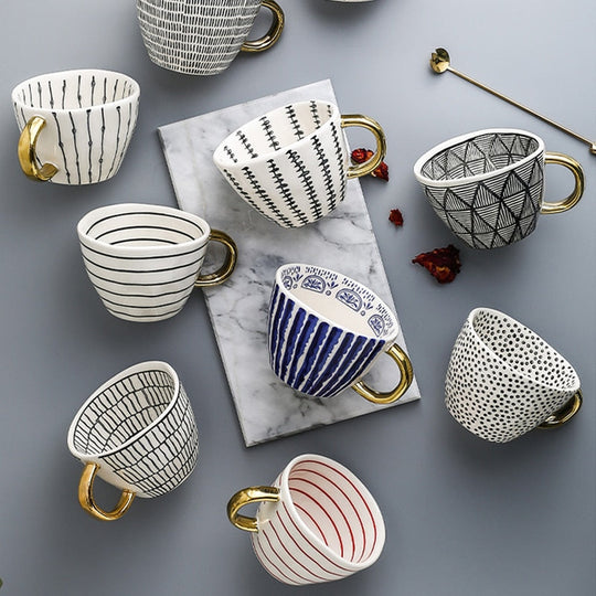 Lechsi Hand Painted Gold Handle Ceramic Mugs