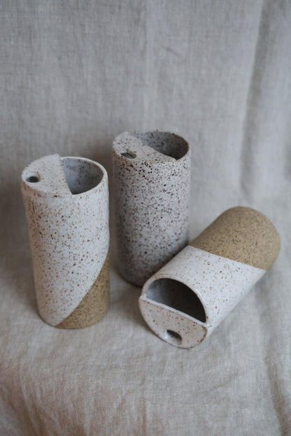 White Speckled To Go Cup, Travel Mug, Mustache Saver, Ceramic Stoneware Hand Thrown in Maine 14-16oz.