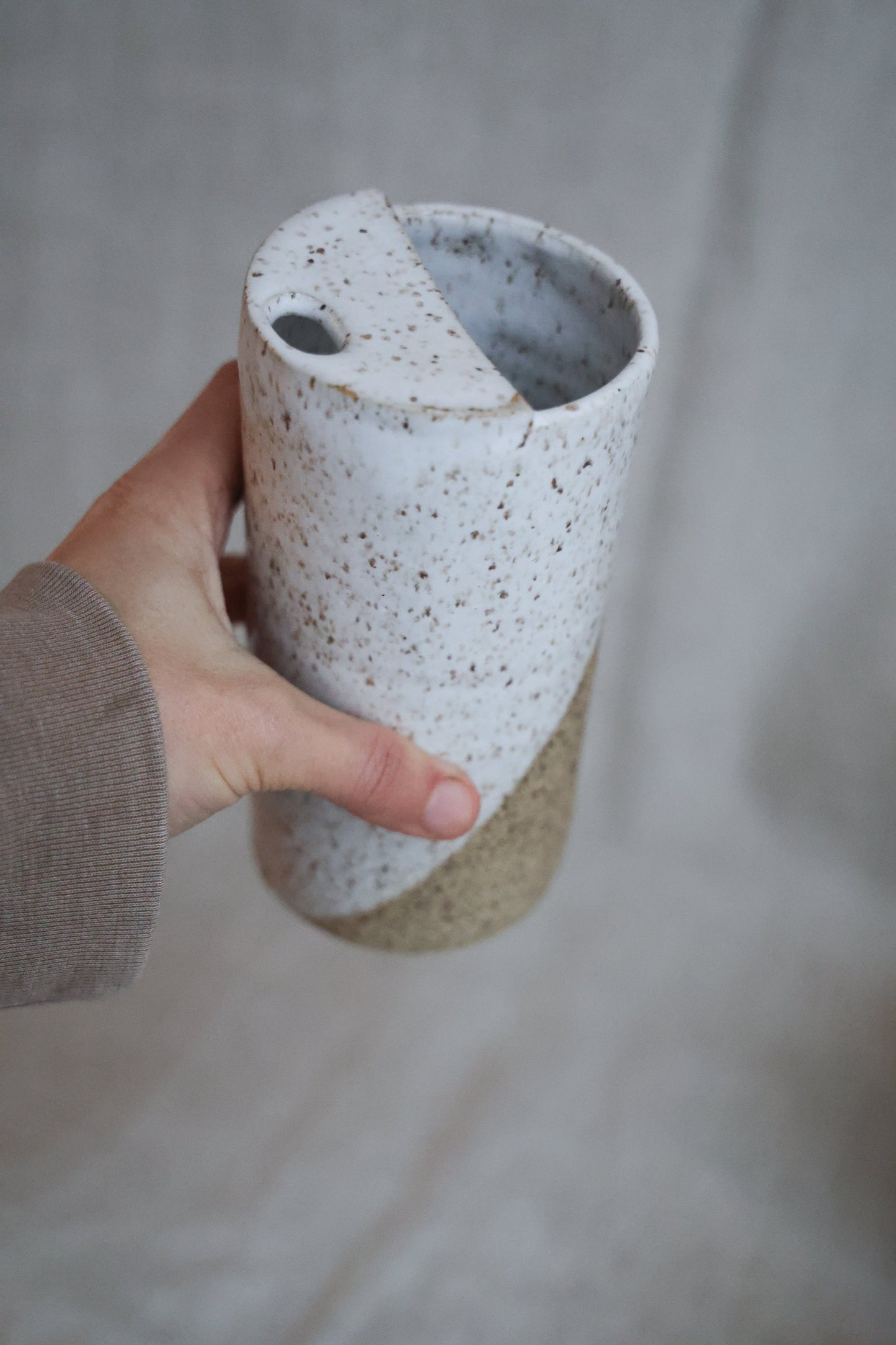 White Speckled To Go Cup, Travel Mug, Mustache Saver, Ceramic Stoneware Hand Thrown in Maine 14-16oz.