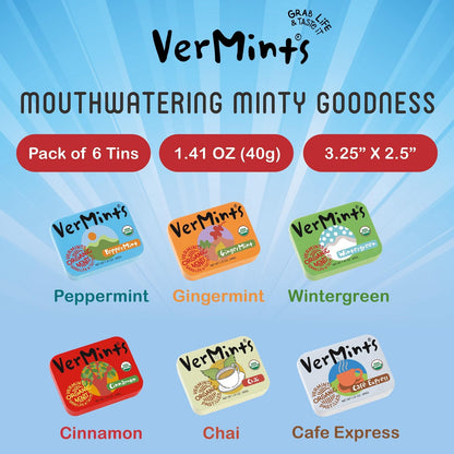 Organic Mint Variety Pack 6 Tins 1.41Oz Vegan Gluten Free Delicious Flavor