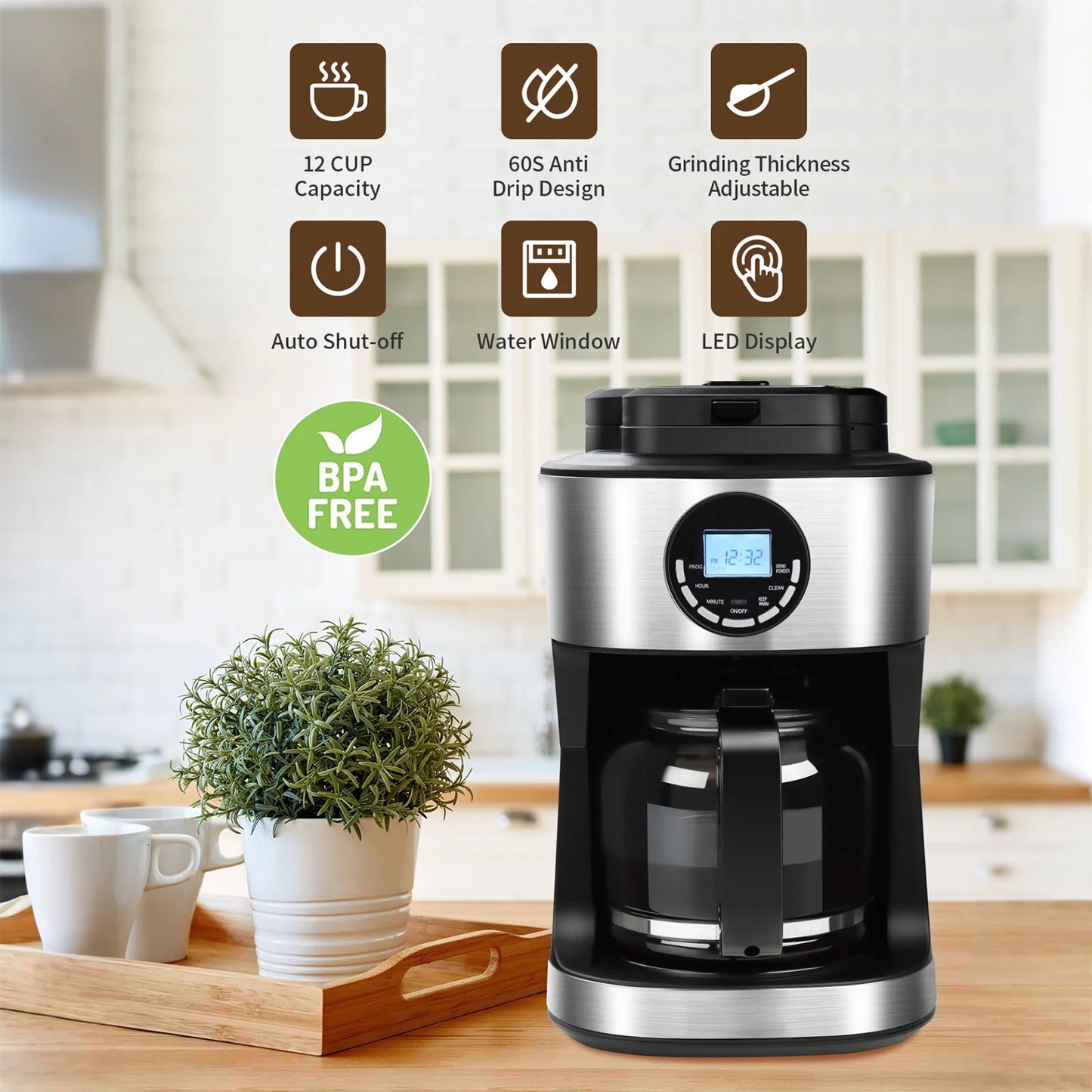 Coffee Maker with Grinder 12 Cups, Programmable Grind and Brew Coffee Machine with Warming Plate, Automatic Drip Coffee Pot with 60 Oz Glass Carafe BPA Free, 950W, Black