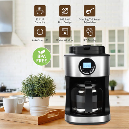 Coffee Maker with Grinder 12 Cups, Programmable Grind and Brew Coffee Machine with Warming Plate, Automatic Drip Coffee Pot with 60 Oz Glass Carafe BPA Free, 950W, Black