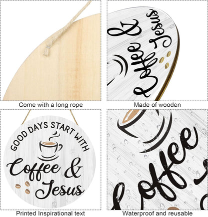 Coffee Bar Decor Cafe Accessories, Coffee and Jesus Signs Wood Farmhouse Wall Sign for Home, Office, Cafe Station, 12'' X 12'' (White Good Days Start with Jesus)