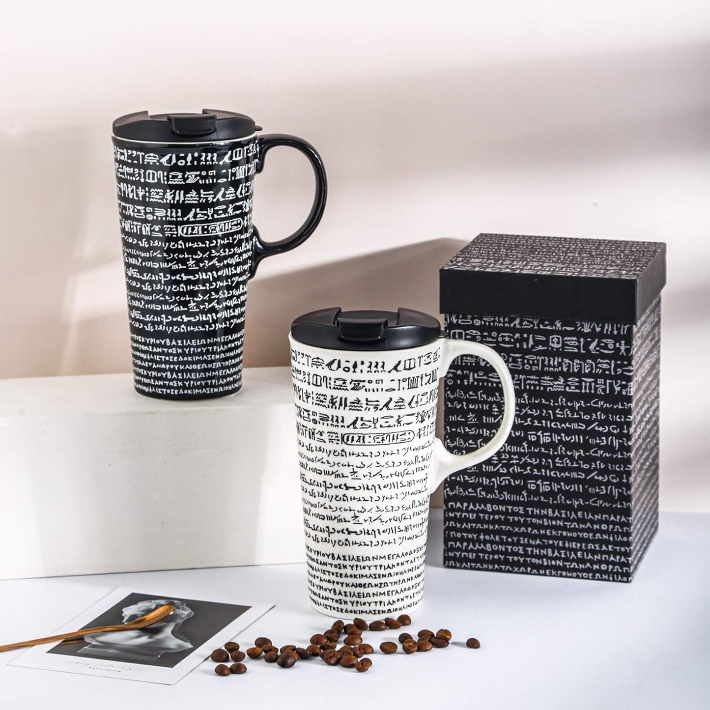 Coffee Ceramic Mug Travel Mug Porcelain Latte Tea Cup with Lid 17Oz. Rosetta Stone,Black