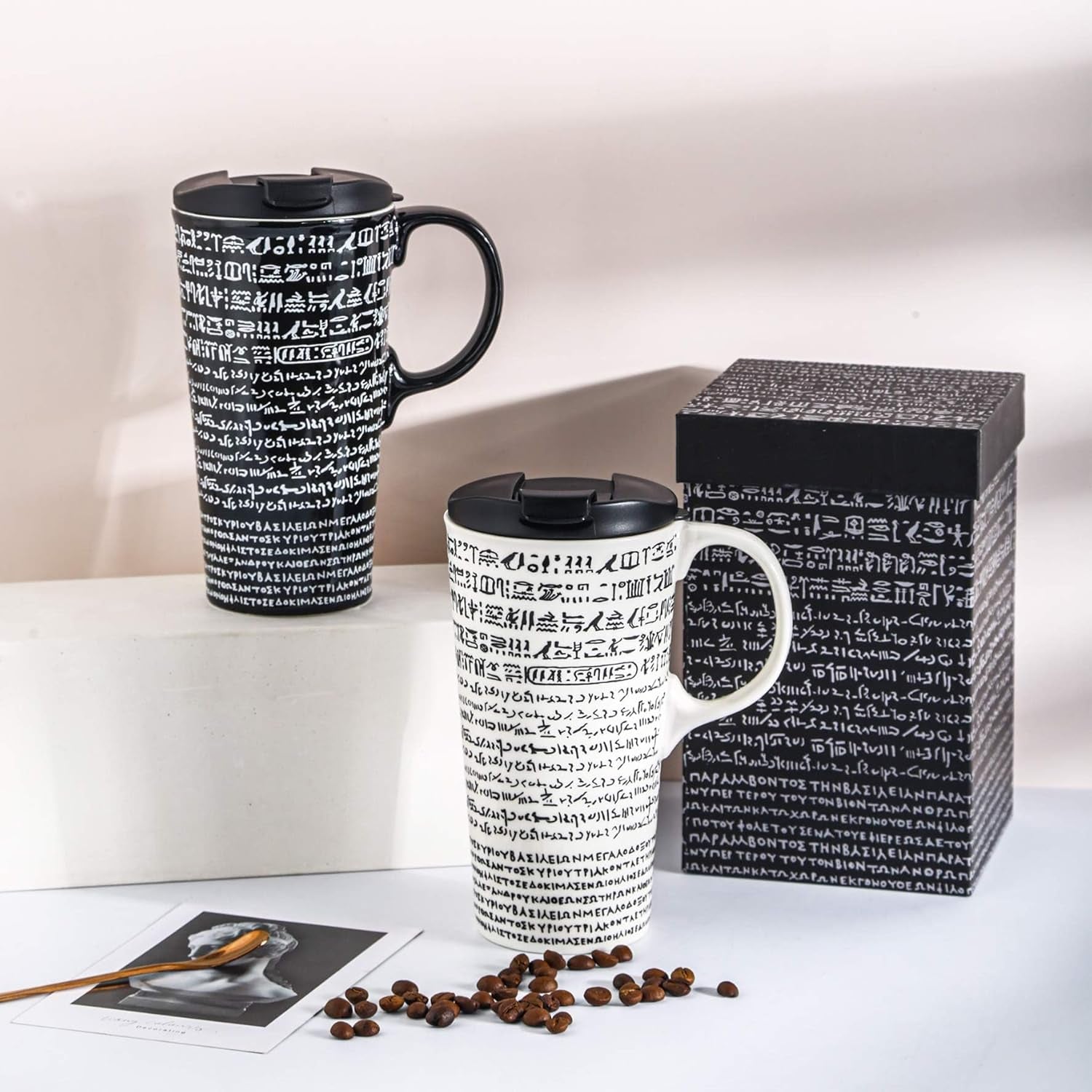 Coffee Ceramic Mug Travel Mug Porcelain Latte Tea Cup with Lid 17Oz. Rosetta Stone,Black
