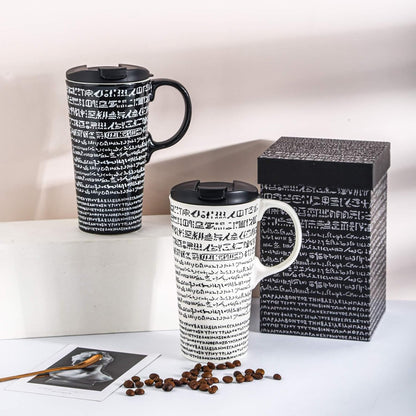 Coffee Ceramic Mug Travel Mug Porcelain Latte Tea Cup with Lid 17Oz. Rosetta Stone,Black