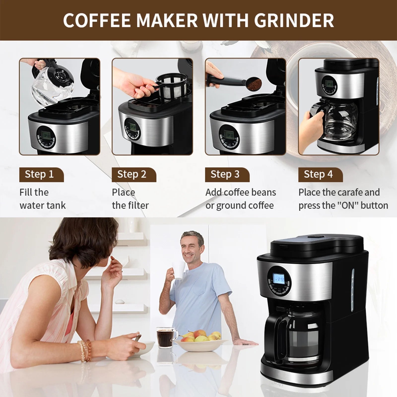 Coffee Maker with Grinder 12 Cups, Programmable Grind and Brew Coffee Machine with Warming Plate, Automatic Drip Coffee Pot with 60 Oz Glass Carafe BPA Free, 950W, Black