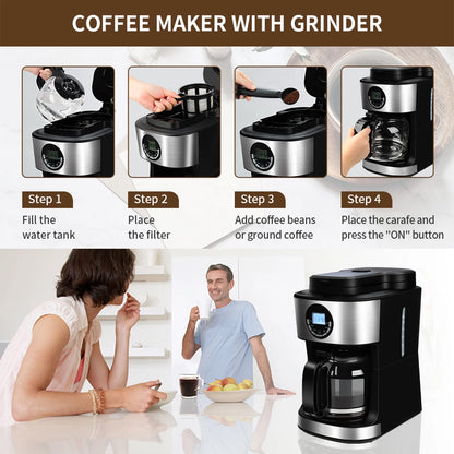 Coffee Maker with Grinder 12 Cups, Programmable Grind and Brew Coffee Machine with Warming Plate, Automatic Drip Coffee Pot with 60 Oz Glass Carafe BPA Free, 950W, Black