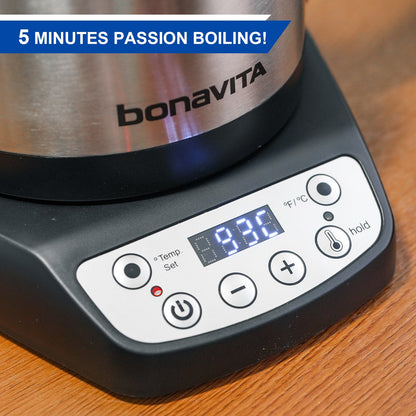 Bonavita Classic 1.0L Gooseneck Precision Temperature Electric Kettle| Coffee Brew and Tea, 1200 Watt, LED Panel, Stainless Steel