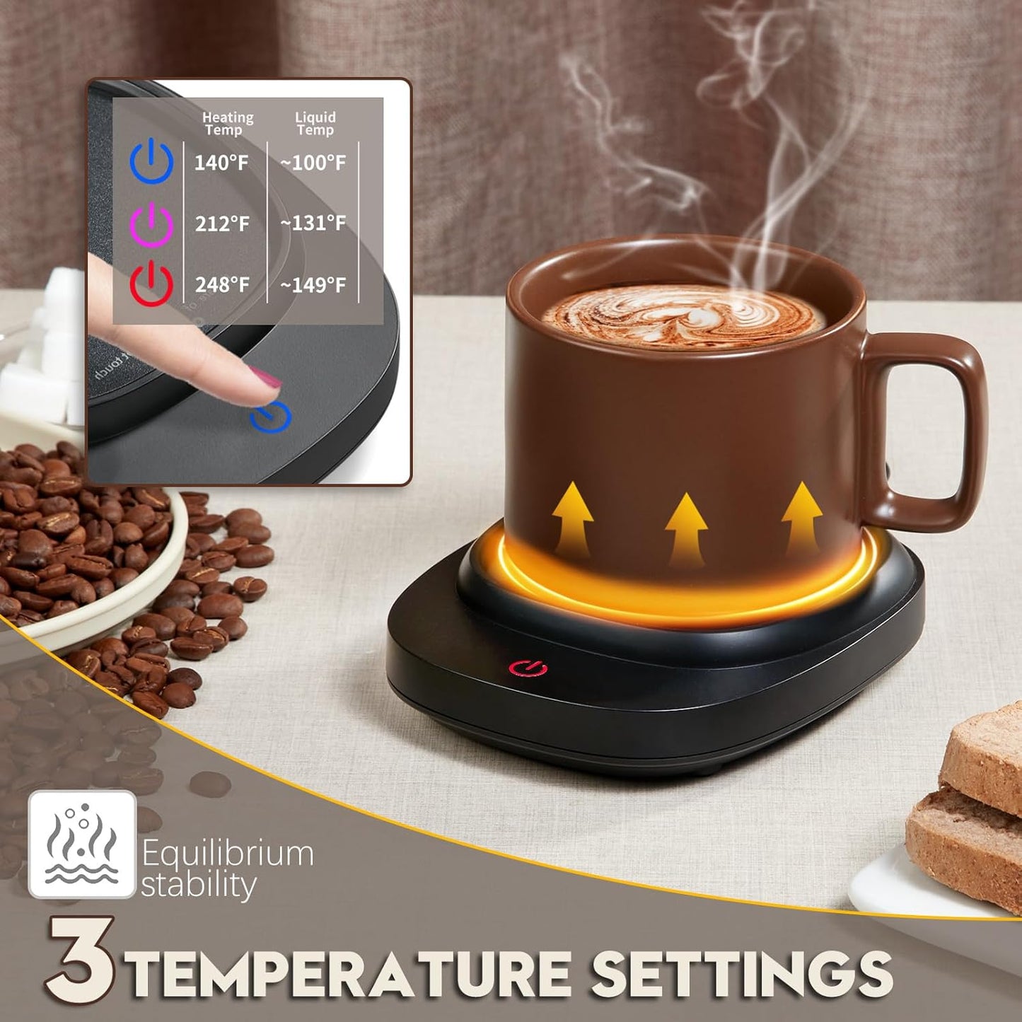Premium Mug Warmer for Coffee and Tea - Smart Desktop Cup Warmer with Auto Shut Off, 3 Temperature Settings & Included Mug - Perfect for Home & Office Use (Black)