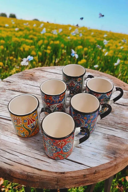 Elevate Your Home Decor with Our Vibrant Set of 6 Handmade Ceramic Ethnic Mugs