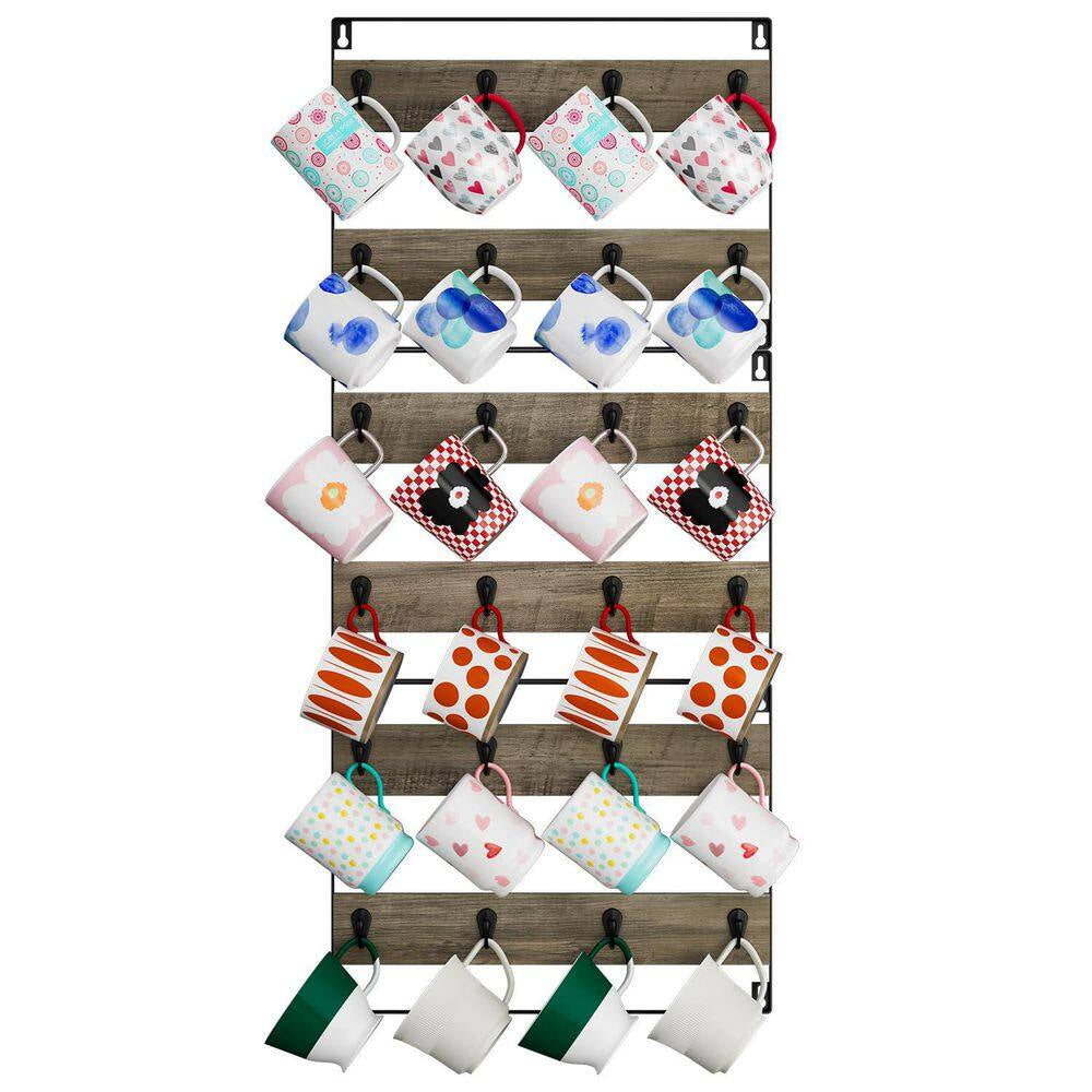 24-Hook Large Coffee Mug Holder, Rustic Wood Coffee Mug Rack Display Organizer for Kitchen, Grey