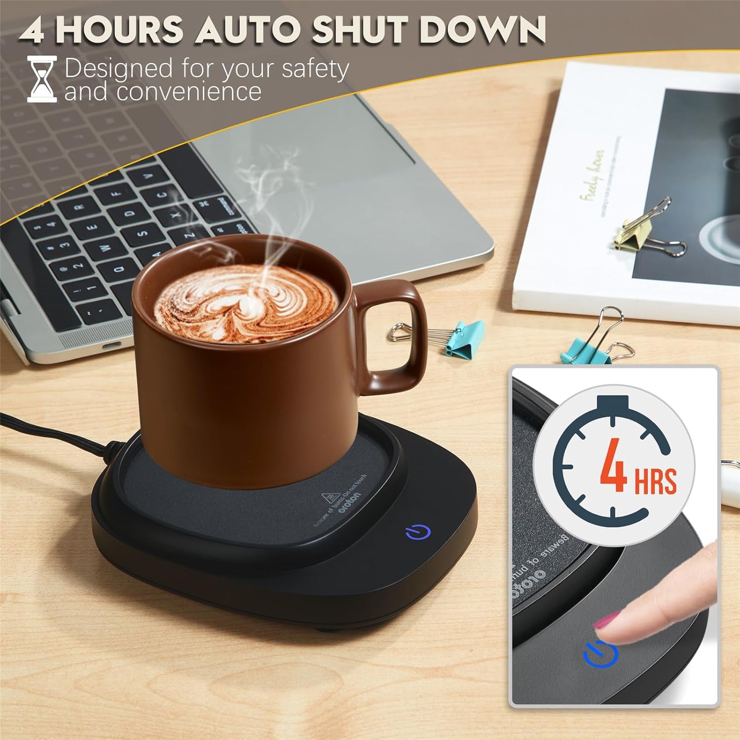 Premium Mug Warmer for Coffee and Tea - Smart Desktop Cup Warmer with Auto Shut Off, 3 Temperature Settings & Included Mug - Perfect for Home & Office Use (Black)