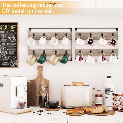 24-Hook Large Coffee Mug Holder, Rustic Wood Coffee Mug Rack Display Organizer for Kitchen, Grey