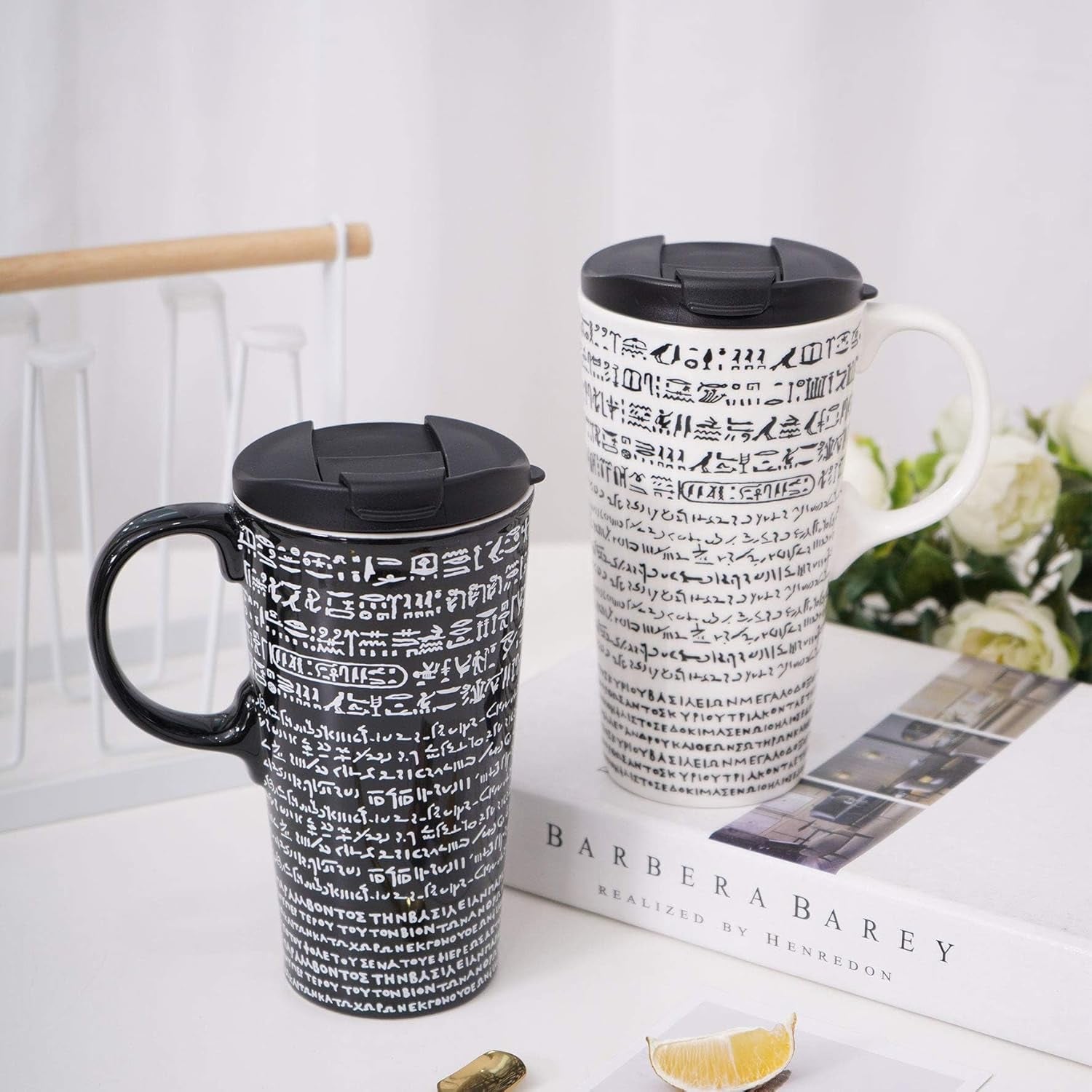 Coffee Ceramic Mug Travel Mug Porcelain Latte Tea Cup with Lid 17Oz. Rosetta Stone,Black