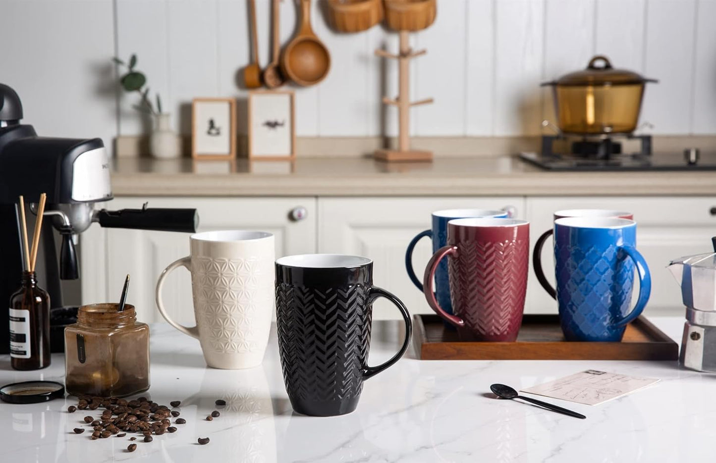 Stylish Large Coffee Mugs Set of 6 - 20Oz Scratch Resistant Ceramic Mugs with Geometric Patterns for Coffee, Tea, and More - Dishwasher & Microwave Safe