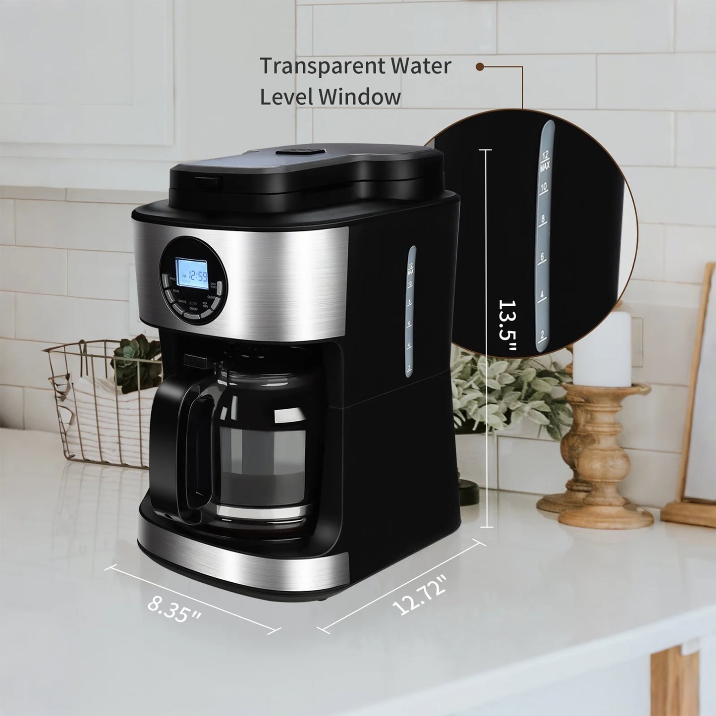 Coffee Maker with Grinder 12 Cups, Programmable Grind and Brew Coffee Machine with Warming Plate, Automatic Drip Coffee Pot with 60 Oz Glass Carafe BPA Free, 950W, Black
