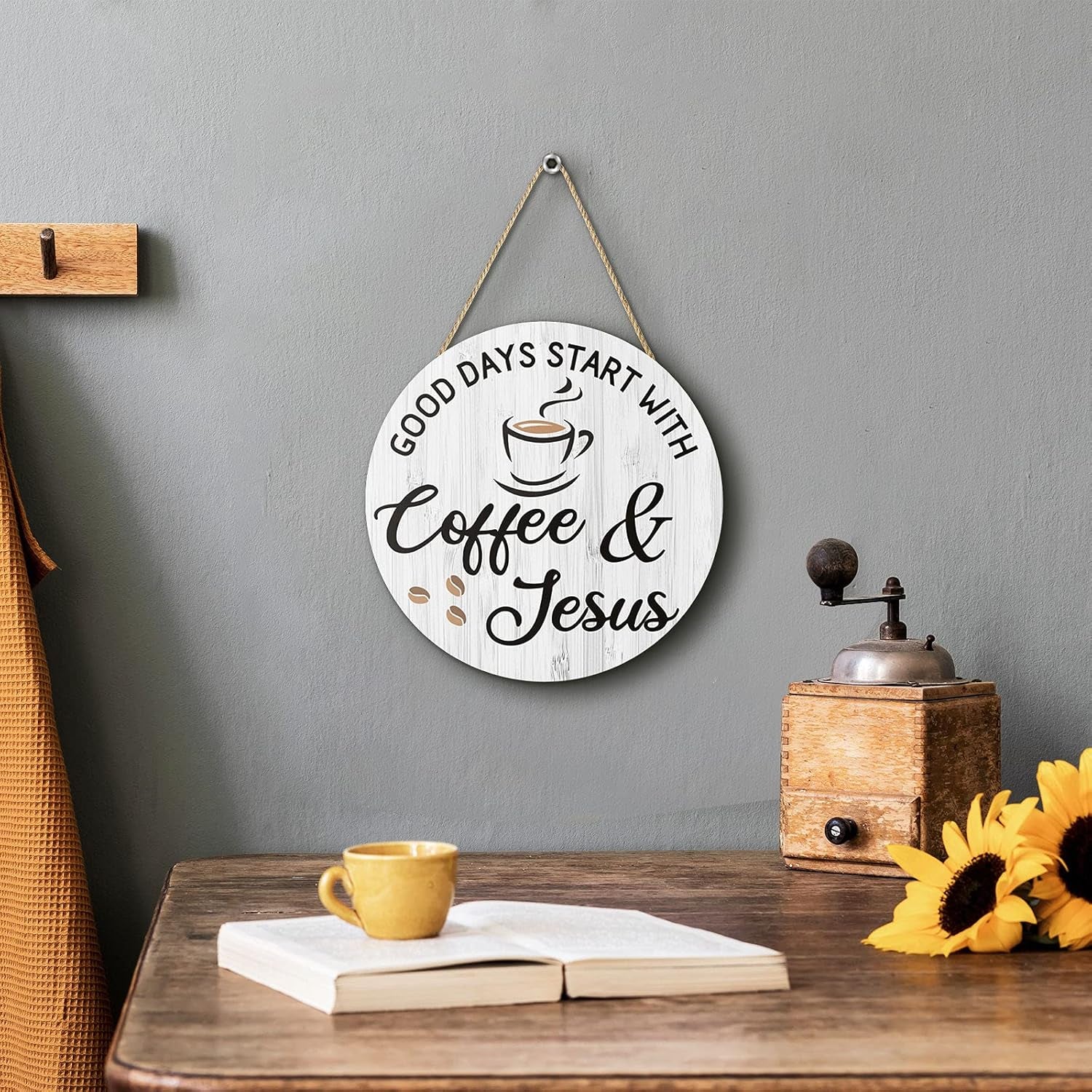 Coffee Bar Decor Cafe Accessories, Coffee and Jesus Signs Wood Farmhouse Wall Sign for Home, Office, Cafe Station, 12'' X 12'' (White Good Days Start with Jesus)