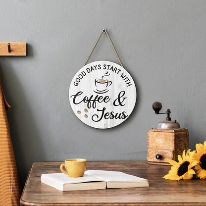 Coffee Bar Decor Cafe Accessories, Coffee and Jesus Signs Wood Farmhouse Wall Sign for Home, Office, Cafe Station, 12'' X 12'' (White Good Days Start with Jesus)