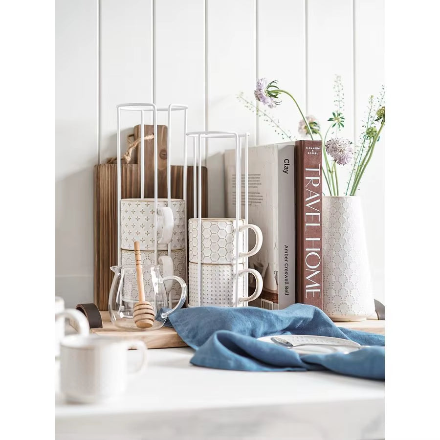Stackable Coffee Mugs Set with Stand, Ceramic Embossment Coffee Cups for Au Lait, Cappuccino,Latte,Cafe,Mocha,Tea, Suit for Hous