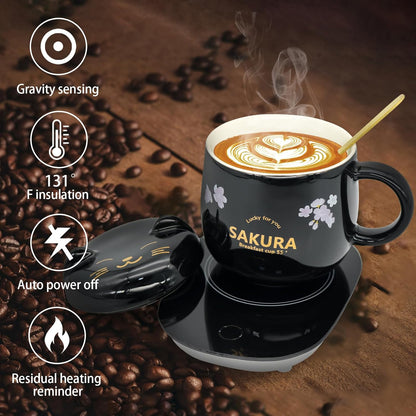 Coffee Mug with Warmer - Cute Mug Warmer Cup Warmer Beverage Coffee Warmer for Desk Coffee Warmer with Mug Set with Auto Shut off Smart Coffee Warmer Is the Gift with a Birthday Gift Box Black