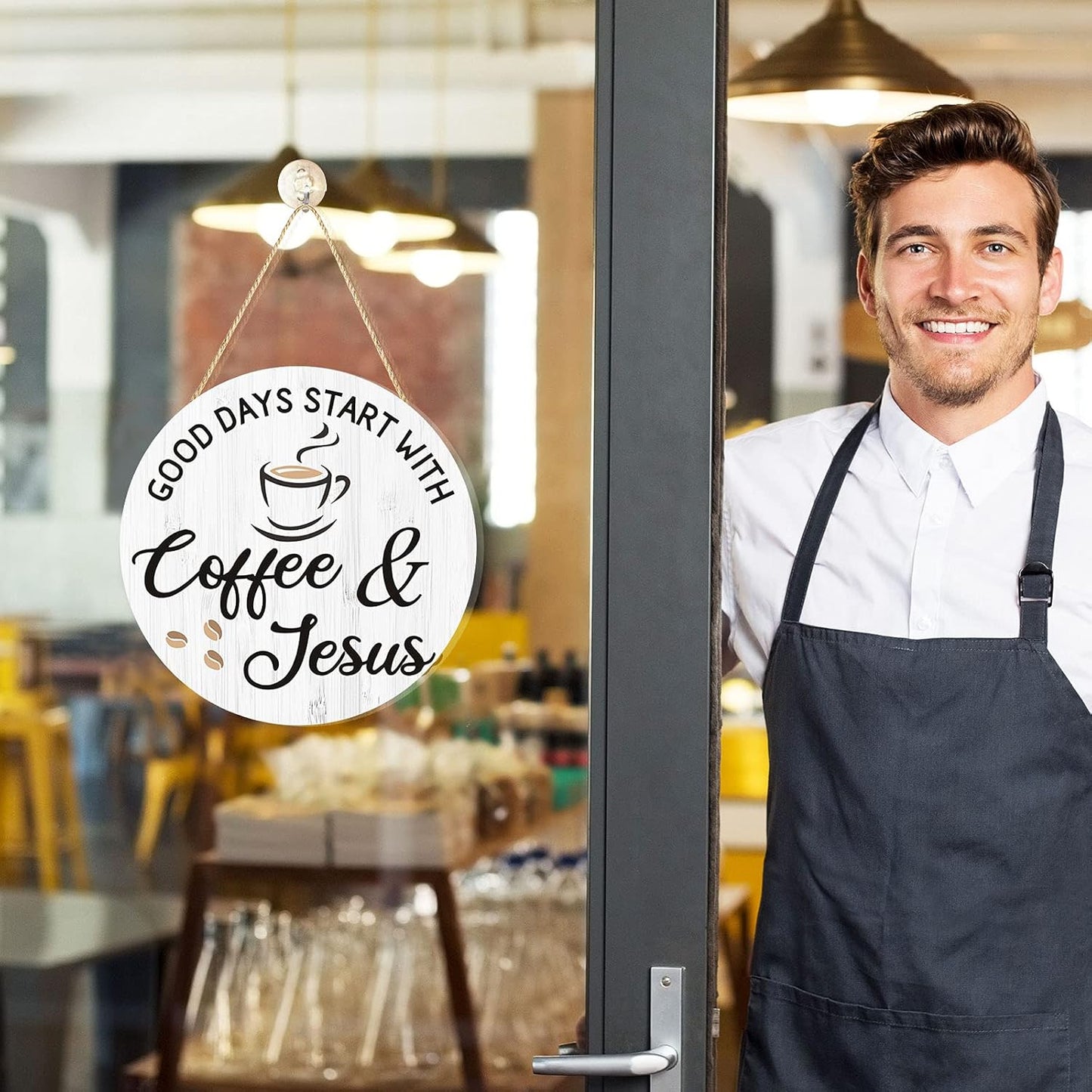 Coffee Bar Decor Cafe Accessories, Coffee and Jesus Signs Wood Farmhouse Wall Sign for Home, Office, Cafe Station, 12'' X 12'' (White Good Days Start with Jesus)