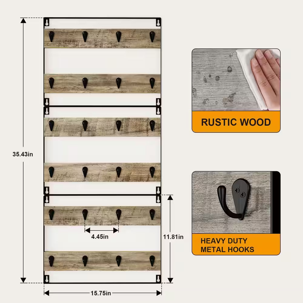 24-Hook Large Coffee Mug Holder, Rustic Wood Coffee Mug Rack Display Organizer for Kitchen, Grey