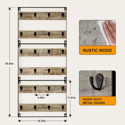 24-Hook Large Coffee Mug Holder, Rustic Wood Coffee Mug Rack Display Organizer for Kitchen, Grey