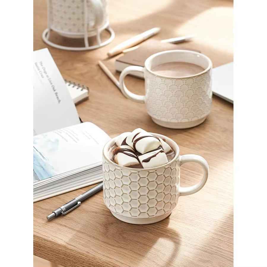 Stackable Coffee Mugs Set with Stand, Ceramic Embossment Coffee Cups for Au Lait, Cappuccino,Latte,Cafe,Mocha,Tea, Suit for Hous