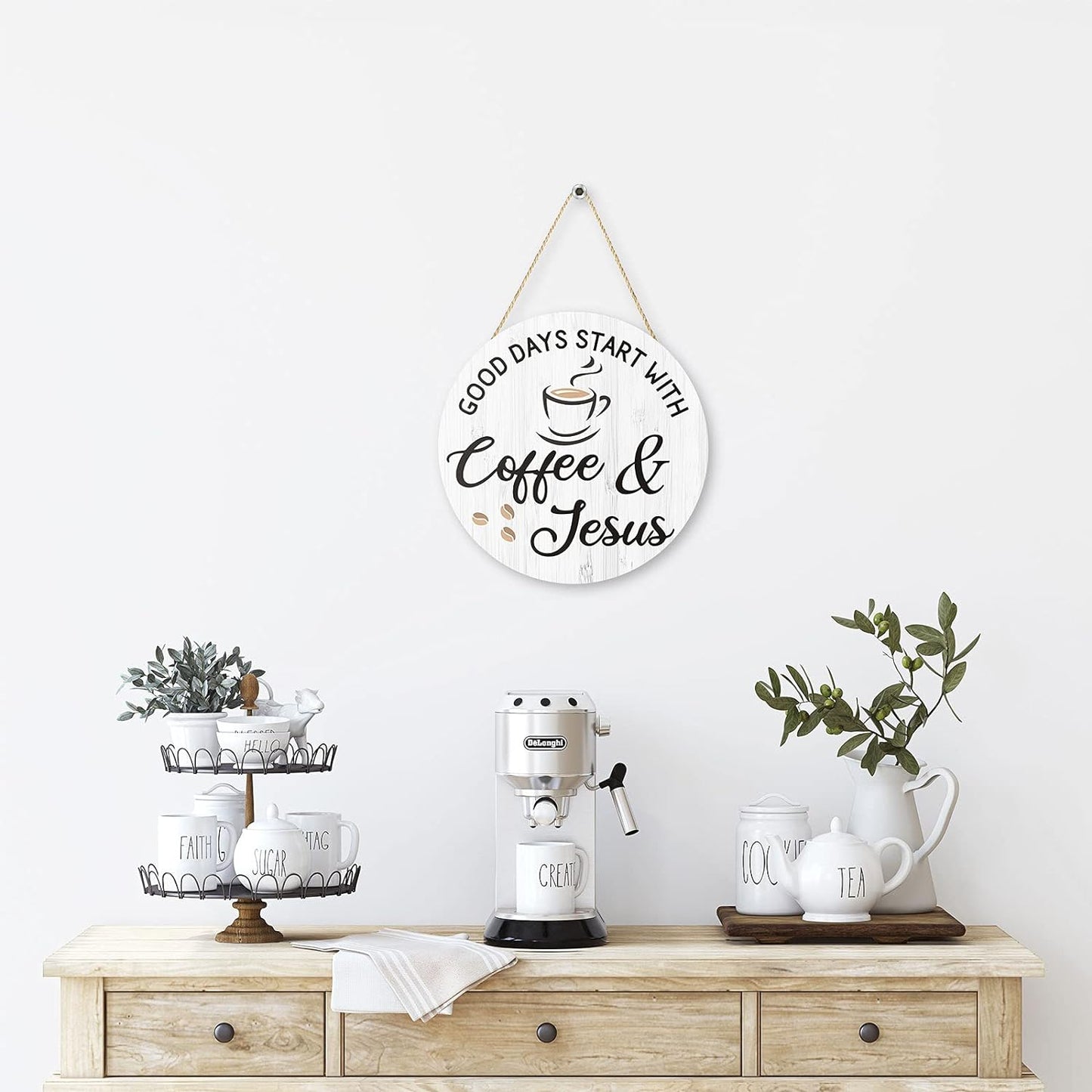 Coffee Bar Decor Cafe Accessories, Coffee and Jesus Signs Wood Farmhouse Wall Sign for Home, Office, Cafe Station, 12'' X 12'' (White Good Days Start with Jesus)
