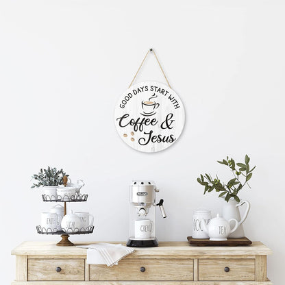 Coffee Bar Decor Cafe Accessories, Coffee and Jesus Signs Wood Farmhouse Wall Sign for Home, Office, Cafe Station, 12'' X 12'' (White Good Days Start with Jesus)