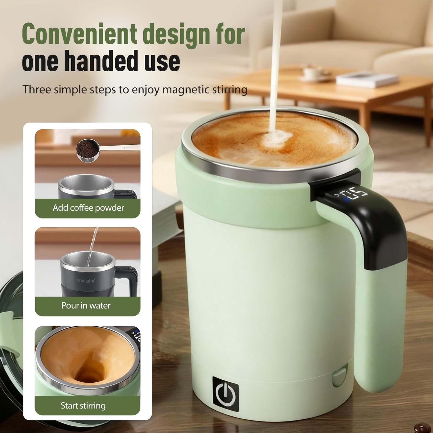 Automatic Stirring Coffee Mug with Temperature Display, 2026 Upgraded Self Stirring Coffee Cup, USB Rechargeable, Portable Travel Mug for Coffee, Tea, Hot Chocolate, Milk, 7.4*3.36In
