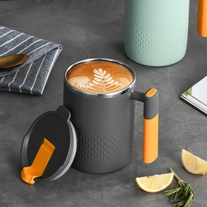 450Ml Double Wall Stainless Steel Coffee Mug Heat-Resistant & Anti-Scalding 304 Steel Thermos Cup with Handle & Leak-Proof Lid