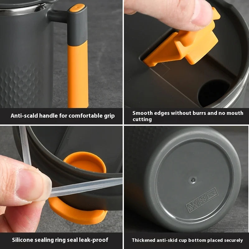 450Ml Double Wall Stainless Steel Coffee Mug Heat-Resistant & Anti-Scalding 304 Steel Thermos Cup with Handle & Leak-Proof Lid