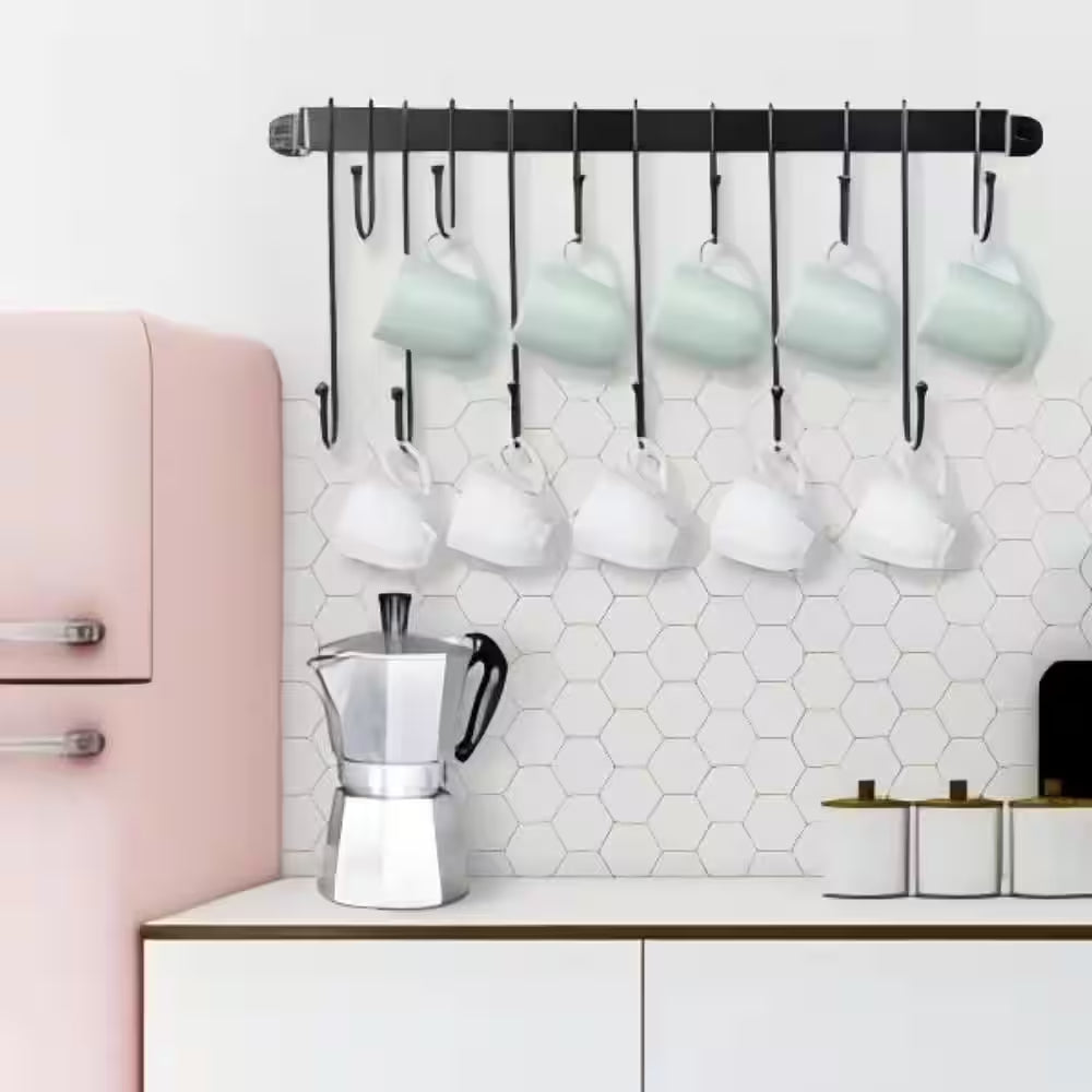 12-Hook Black Hanging Coffee Mug Wall Rack, 23 In. Wall Mounted Mug Hook Coffee Cup Holder
