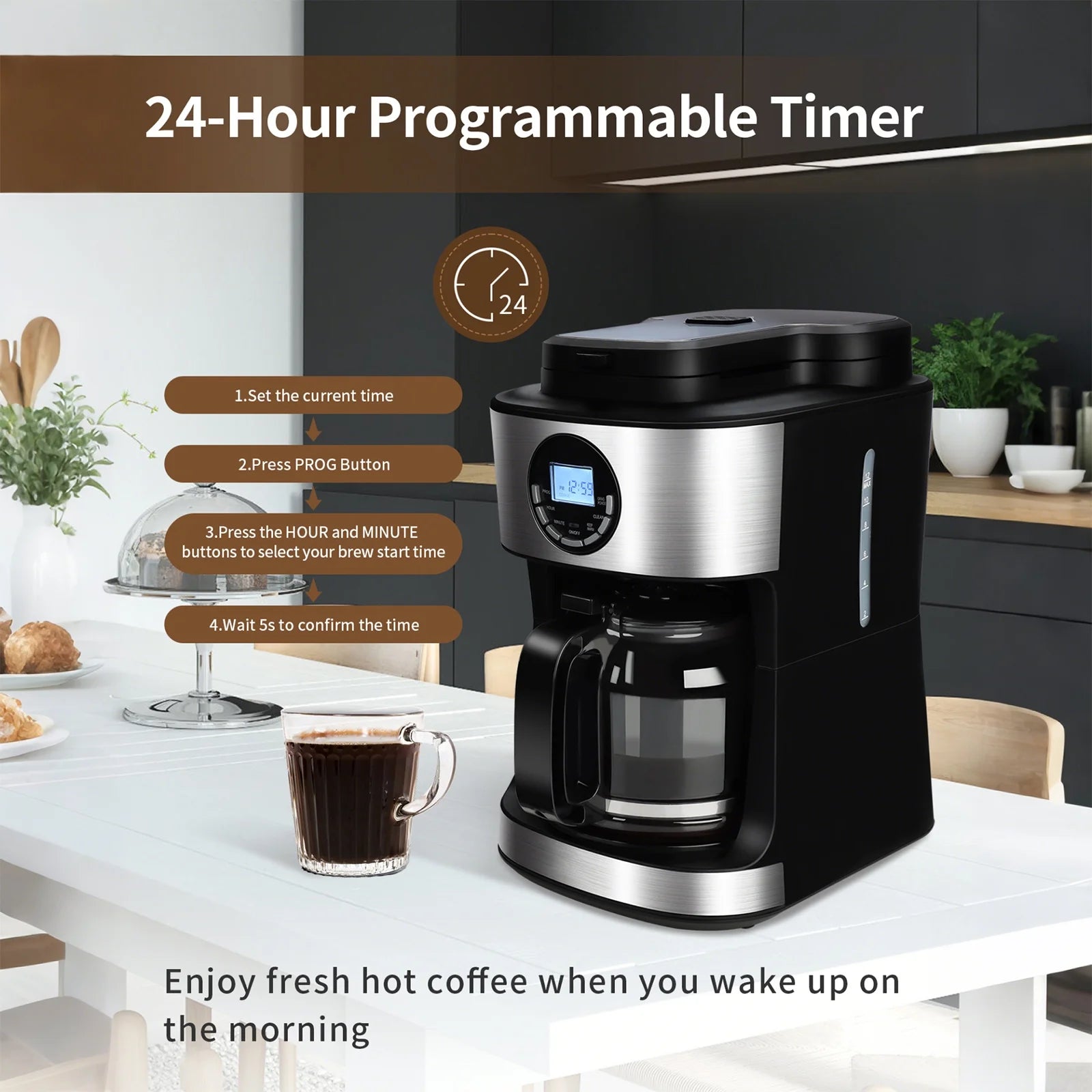 Coffee Maker with Grinder 12 Cups, Programmable Grind and Brew Coffee Machine with Warming Plate, Automatic Drip Coffee Pot with 60 Oz Glass Carafe BPA Free, 950W, Black