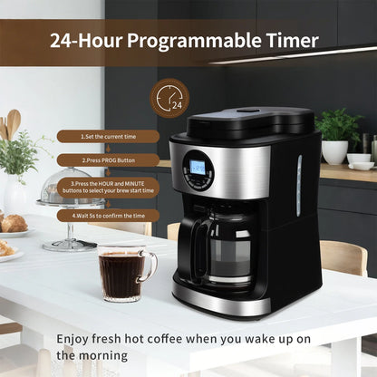 Coffee Maker with Grinder 12 Cups, Programmable Grind and Brew Coffee Machine with Warming Plate, Automatic Drip Coffee Pot with 60 Oz Glass Carafe BPA Free, 950W, Black