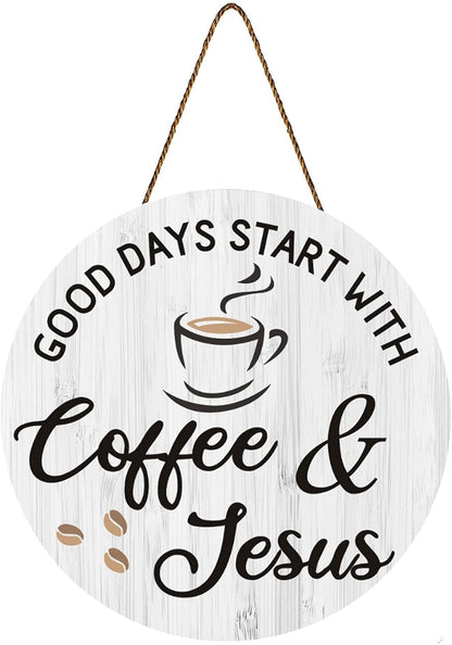 Coffee Bar Decor Cafe Accessories, Coffee and Jesus Signs Wood Farmhouse Wall Sign for Home, Office, Cafe Station, 12'' X 12'' (White Good Days Start with Jesus)