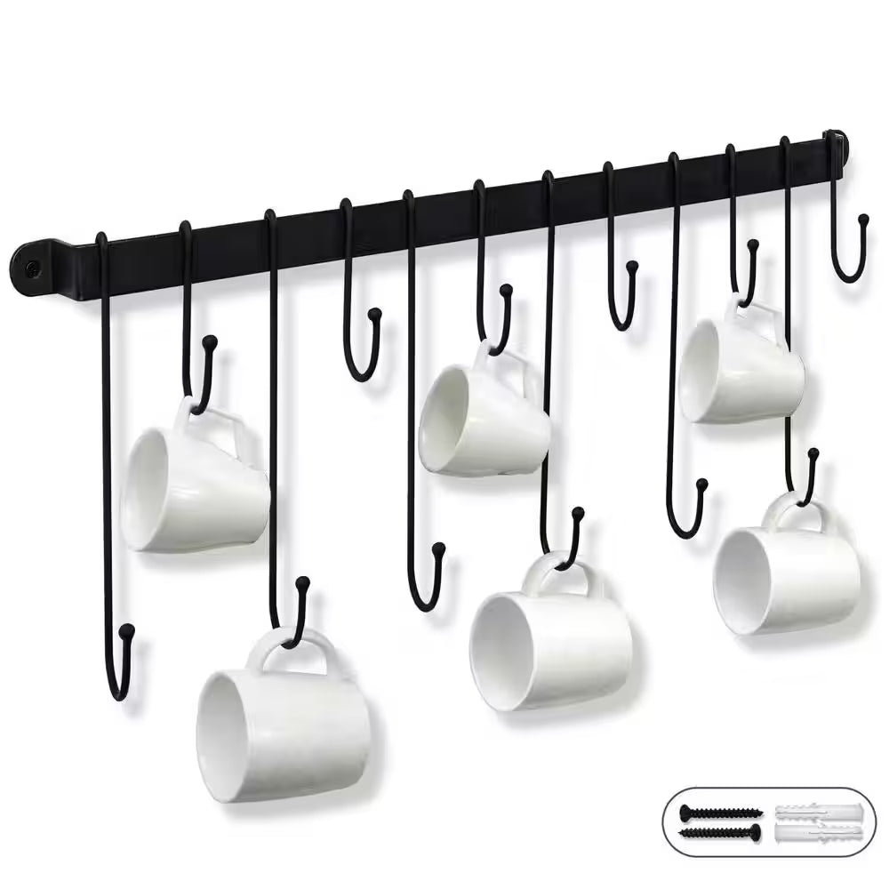 12-Hook Black Hanging Coffee Mug Wall Rack, 23 In. Wall Mounted Mug Hook Coffee Cup Holder