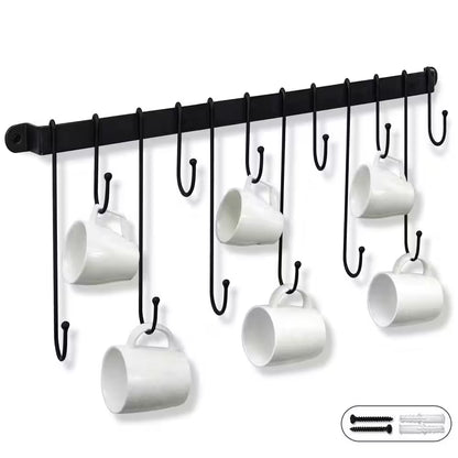 12-Hook Black Hanging Coffee Mug Wall Rack, 23 In. Wall Mounted Mug Hook Coffee Cup Holder
