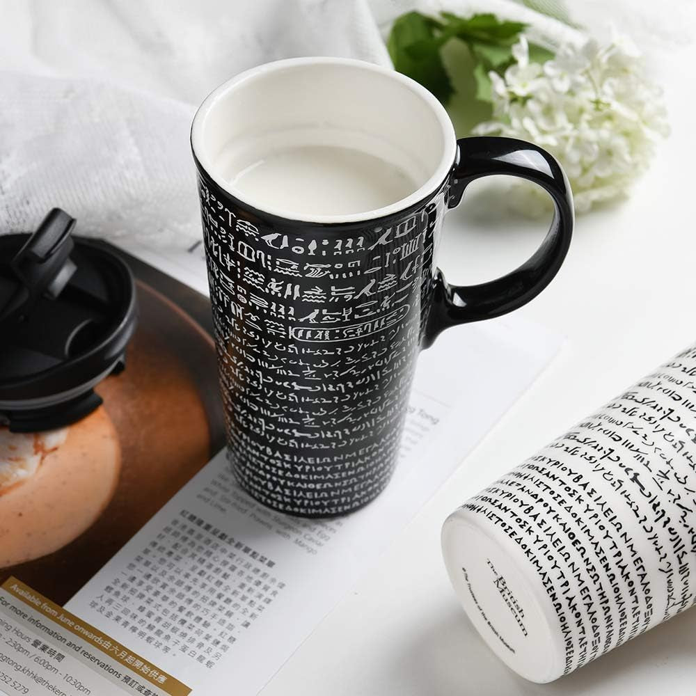 Coffee Ceramic Mug Travel Mug Porcelain Latte Tea Cup with Lid 17Oz. Rosetta Stone,Black