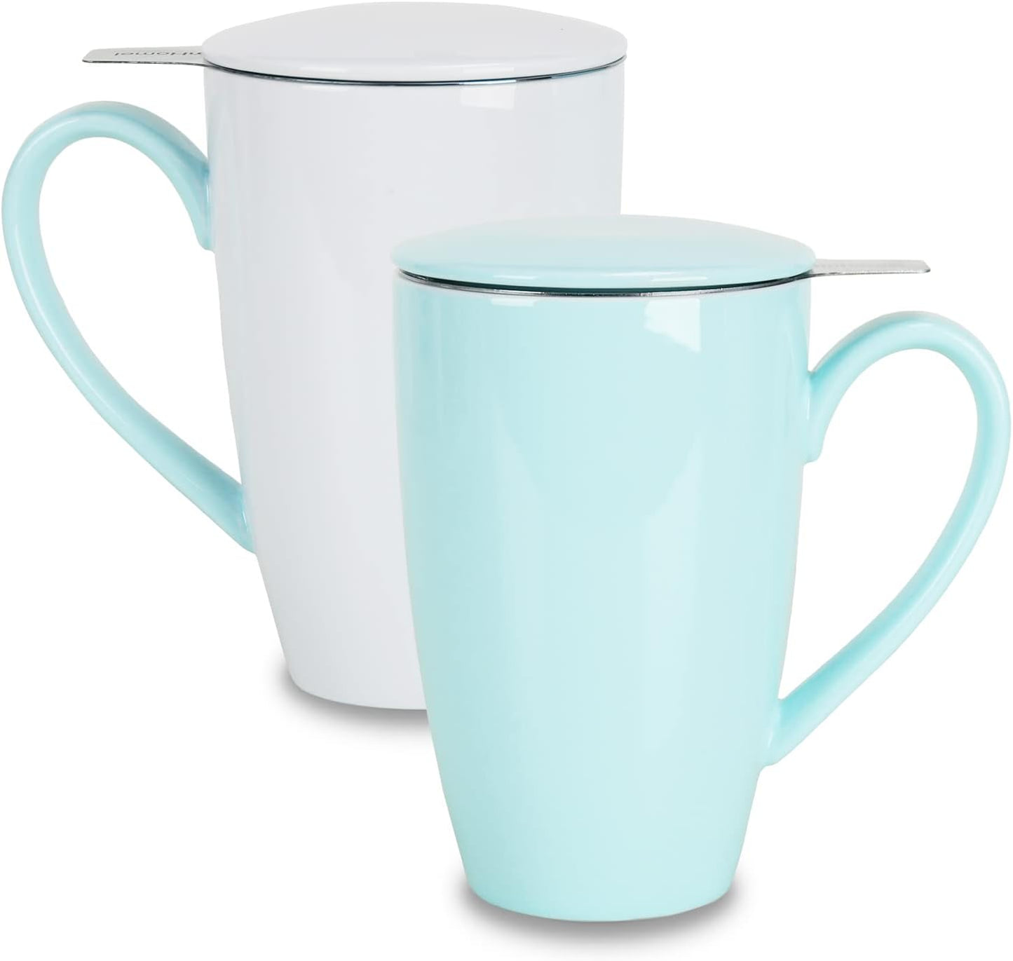 Porcelain Tea Mug with Infuser and Lid, 16 Ounce Ceramic Tea Cup for Loose Leaf, Coffee, Cocoa and Milk, Tea Gift for Tea Lovers, Set of 2(Green and White)