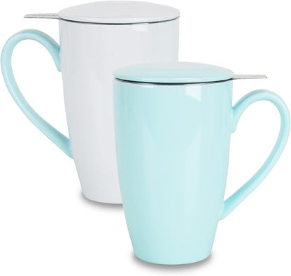 Porcelain Tea Mug with Infuser and Lid, 16 Ounce Ceramic Tea Cup for Loose Leaf, Coffee, Cocoa and Milk, Tea Gift for Tea Lovers, Set of 2(Green and White)