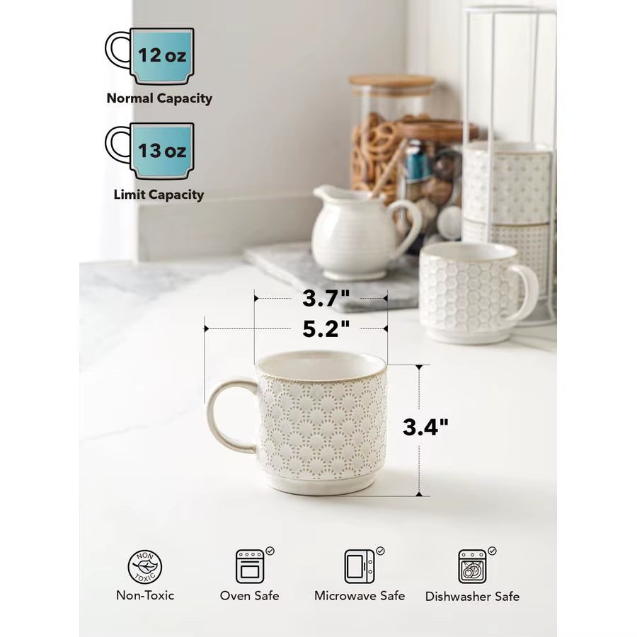 Stackable Coffee Mugs Set with Stand, Ceramic Embossment Coffee Cups for Au Lait, Cappuccino,Latte,Cafe,Mocha,Tea, Suit for Hous