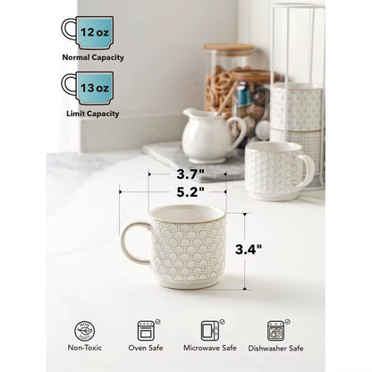Stackable Coffee Mugs Set with Stand, Ceramic Embossment Coffee Cups for Au Lait, Cappuccino,Latte,Cafe,Mocha,Tea, Suit for Hous