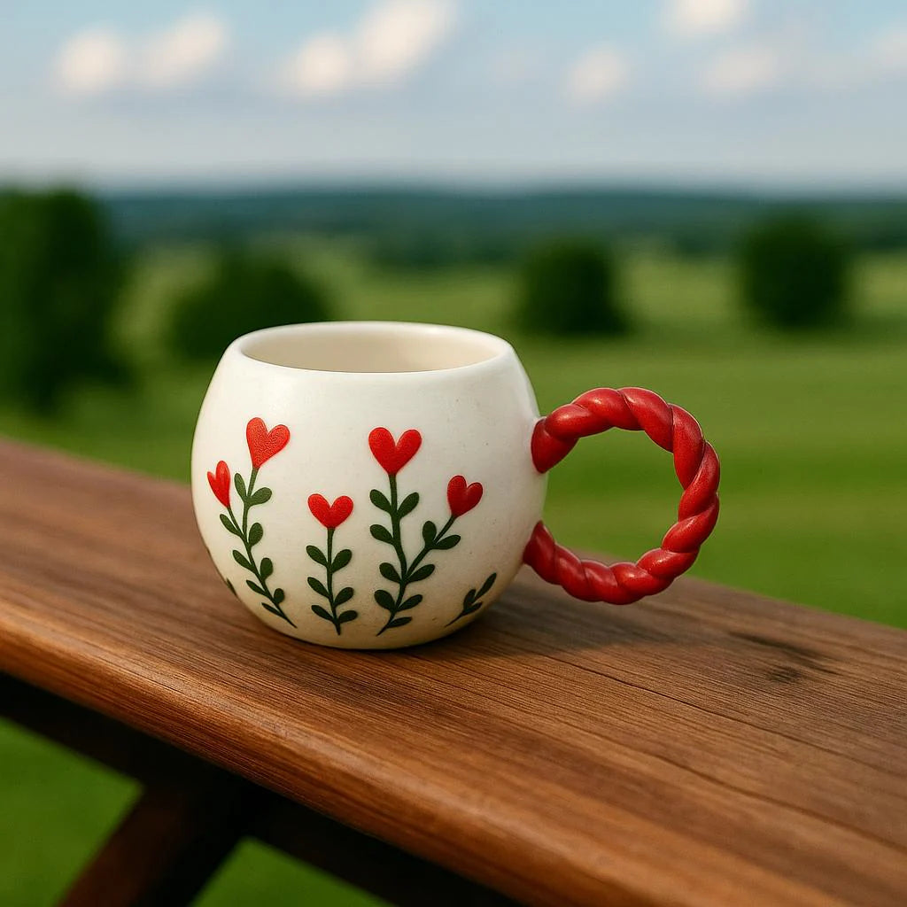 Handmade Floral Ceramic Mugs with Bubble Handle Set of 2