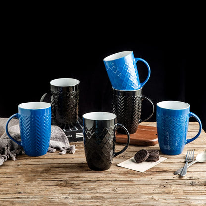 Stylish Large Coffee Mugs Set of 6 - 20Oz Scratch Resistant Ceramic Mugs with Geometric Patterns for Coffee, Tea, and More - Dishwasher & Microwave Safe