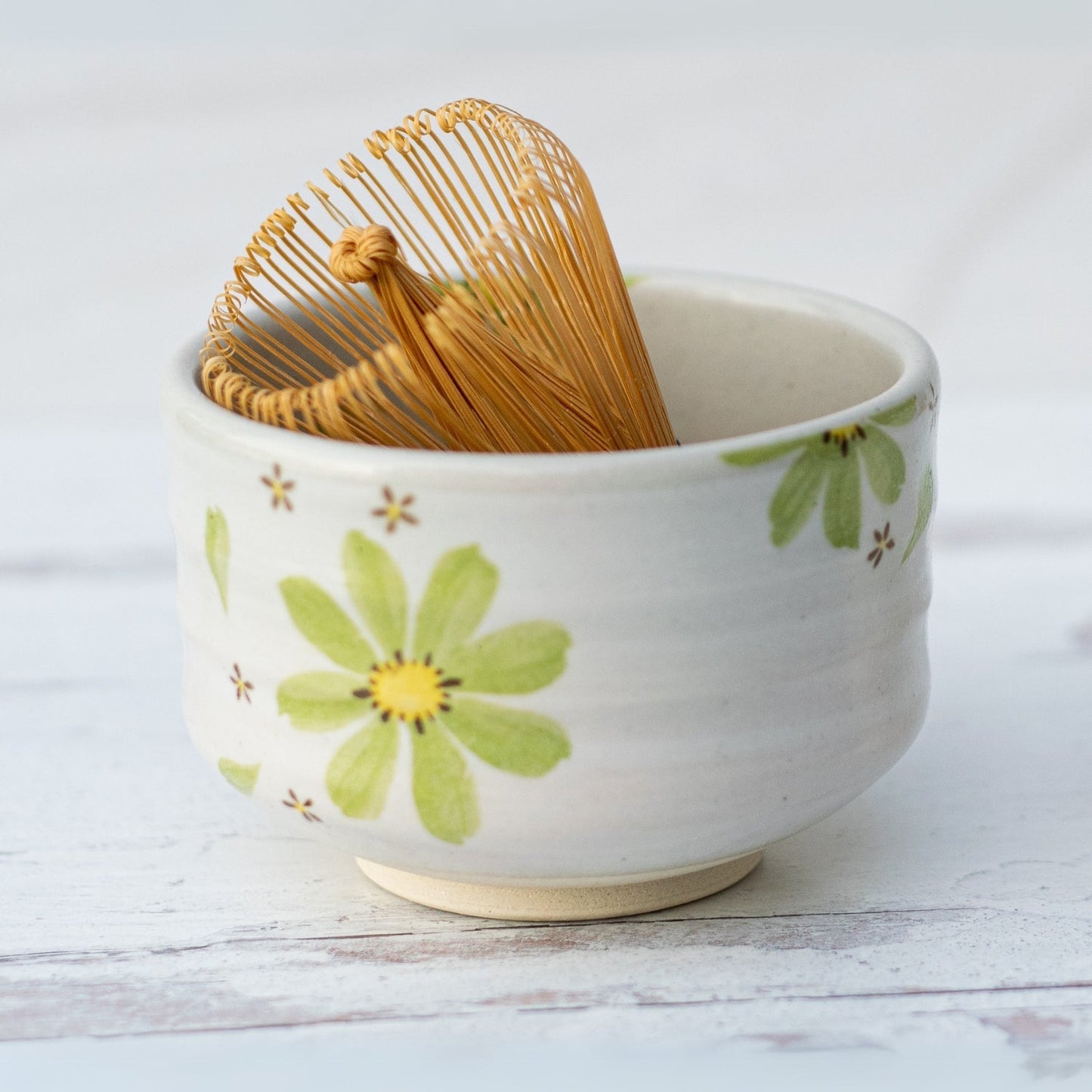 Green Flowers Ceramic Matcha Bowl